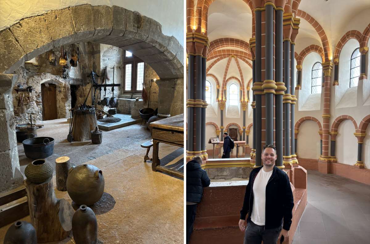 a collage of a medieval kitchen with pots inside Vianden Castle, and a tourist standing in the painted chapel with columns, Luxembourg, photo by Next Level of Travel