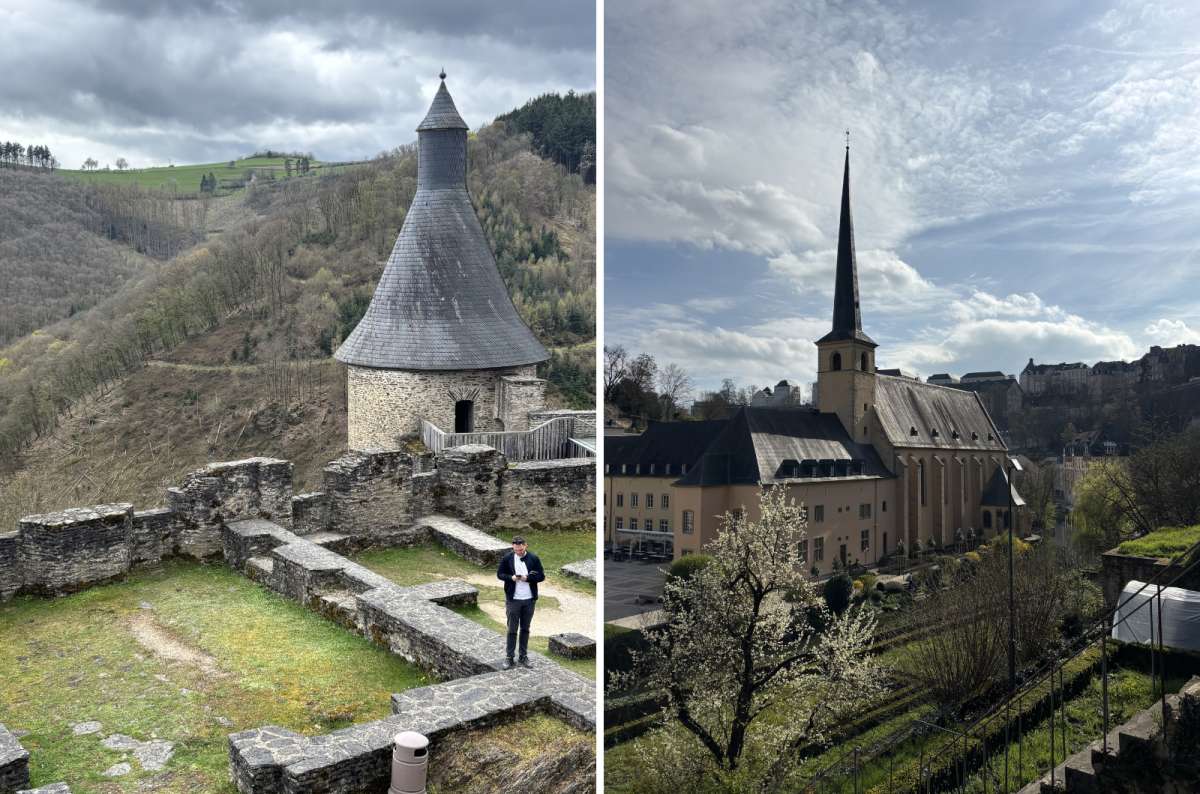 a collage of a medieval round tower ruin in Bourscheid Castle on the left, and a yellow church with a tall dark spire in the old town on the right, photo by Next Level of Travel