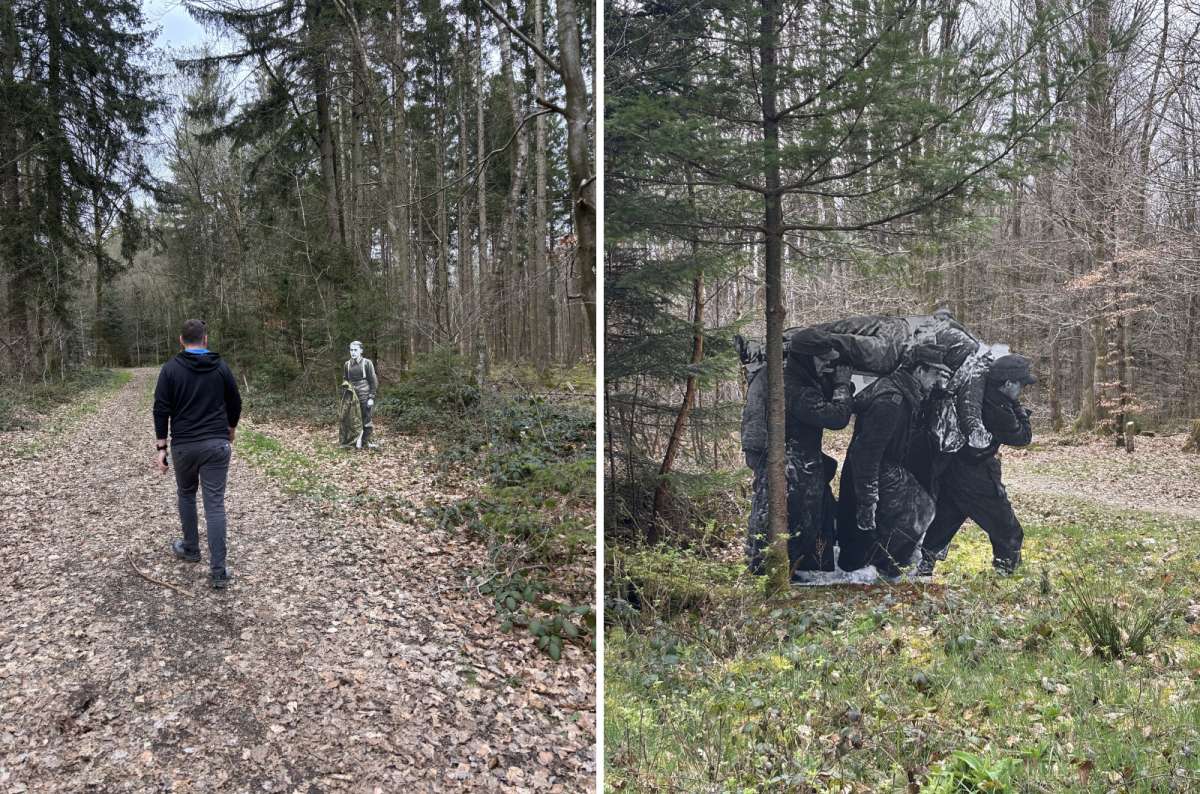 a collage of a tourist approaching a cutout of a WWII soldier in the forest, and a close-up of figures depicting soldiers on the Schumannseck trail, Luxembourg, photo by Next Level of Travel