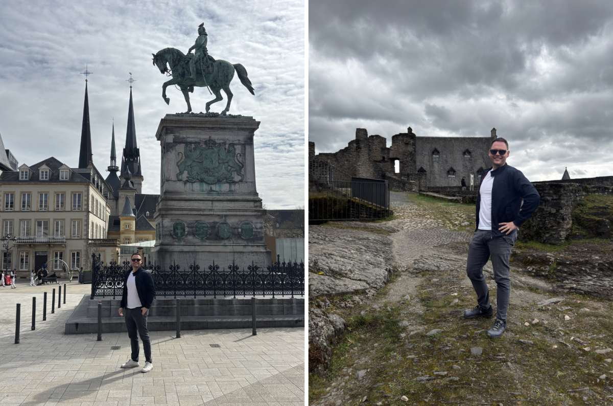 a collage of a tourist at Place Guillaume II with the statue of William II and Notre-Dame spires behind, and a tourist at the Bourscheid Castle, Luxembourg, photo by Next Level of Travel