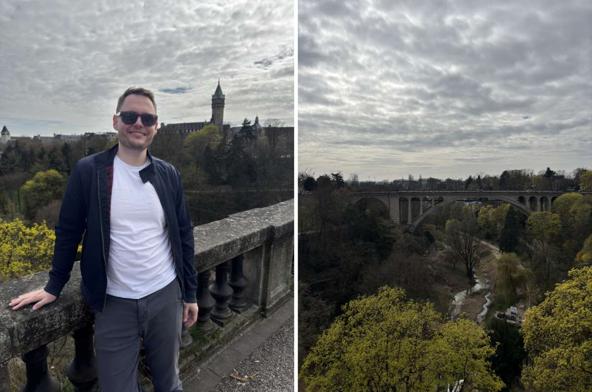 a collage of a tourist at the Corniche viewpoint on the left, and a view of the Adolphe Bridge spanning the Petrusse Valley on the right, Luxembourg, photo by Next Level of Travel
