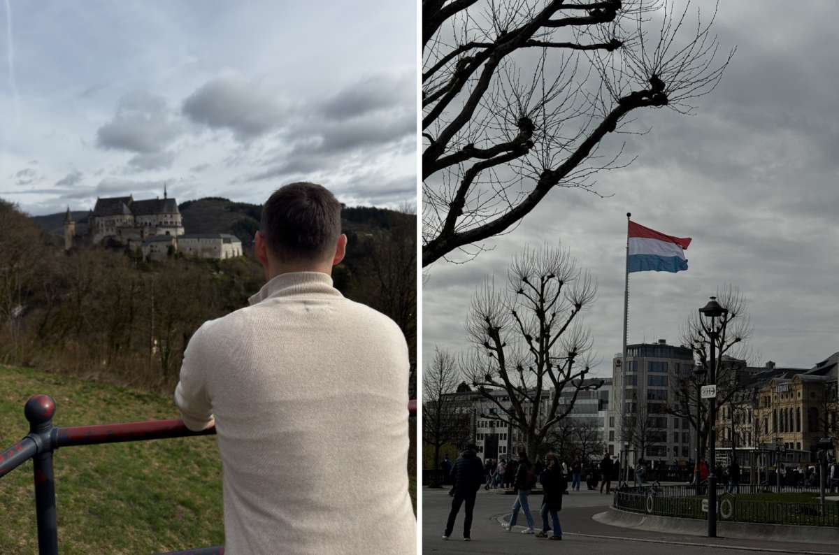 a collage of a tourist looking out at Vianden from a viewpoint on the left, and a square in Luxembourg with the Luxembourg flag on the right, Luxembourg, photo by Next Level of Travel