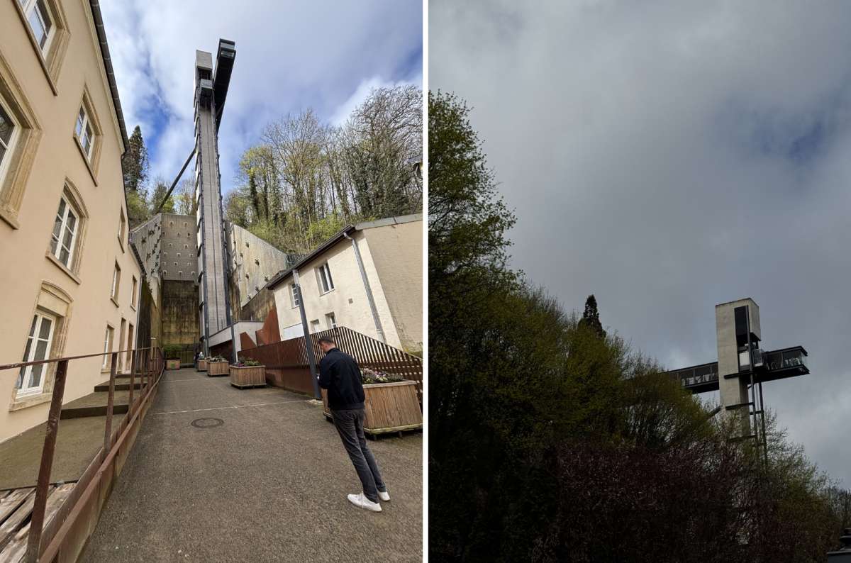 a collage of a tourist looking up at the tall glass elevator Grund to the city, and an upward view of the city elevator  against the sky, Luxembourg, photo by Next Level of Travel