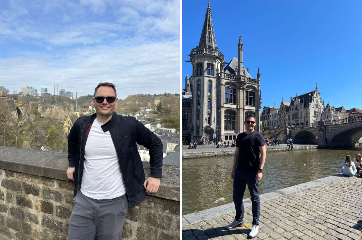 a collage of a tourist posing at the Corniche viewpoint in Luxembourg City and a tourist standing by the river in front of the Gothic building in Ghent, Luxembourg, photo by Next Level of Travel