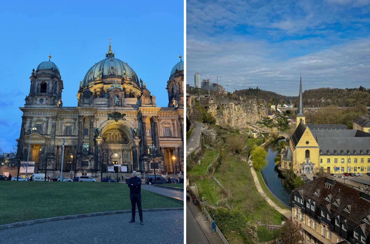 a collage of a tourist standing in front of the Berlin Cathedral at night and a sunny aerial view of the Alzette valley with Neumunster, Luxembourg, photo by Next Level of Travel