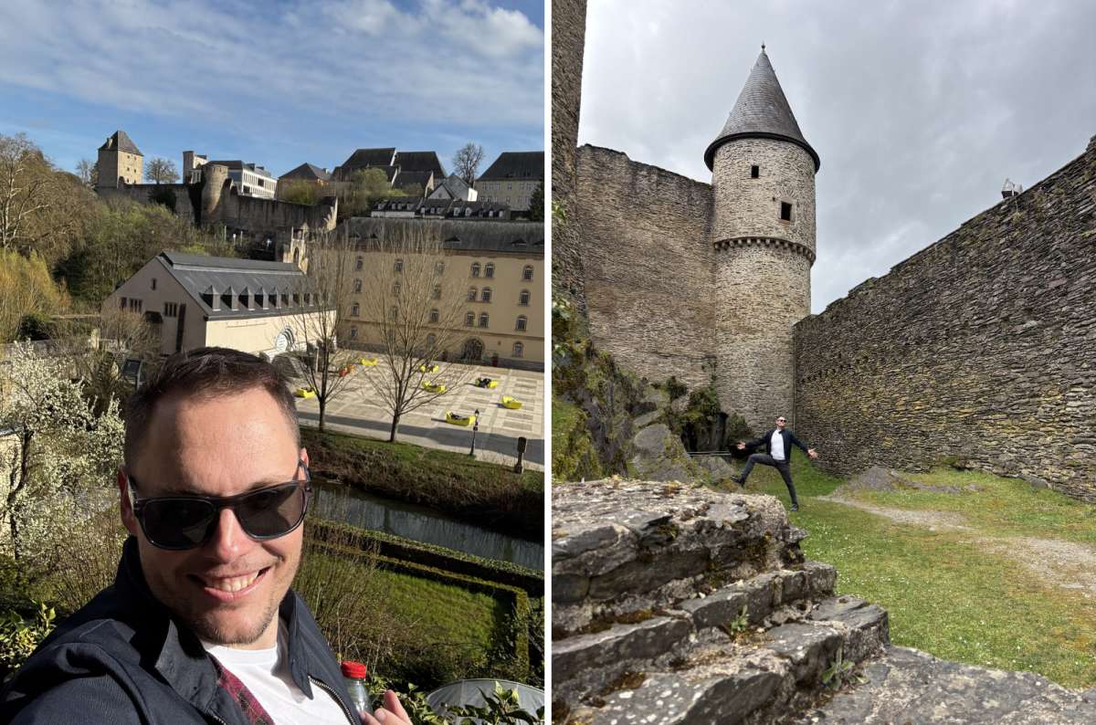 a collage of a tourist taking a selfie at the Corniche with the Neumunster Abbey behind, and a tourist posing inside of the Bourscheid ruin, Luxembourg, photo by Next Level of Travel