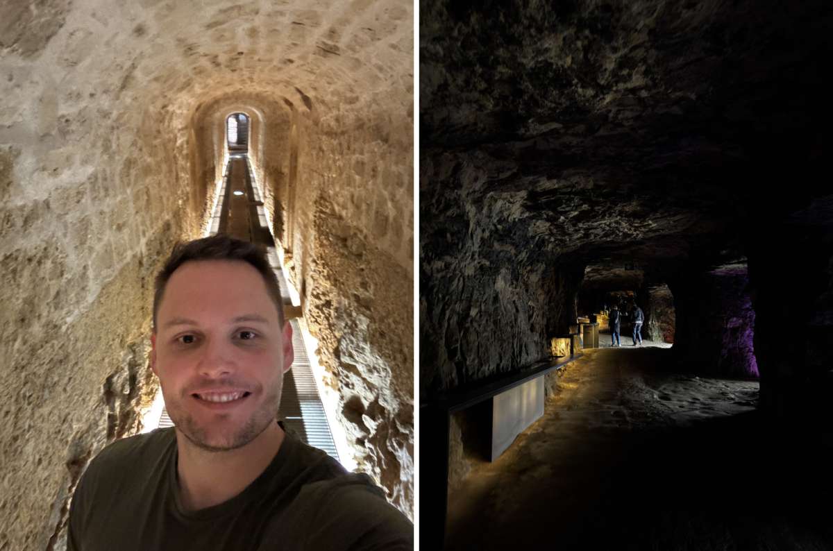 a collage of a tourist taking a selfie in tunnel inside the Casemates du Bock and the dark cave passage of the Casemates on the right, Luxembourg, photo by Next Level of Travel