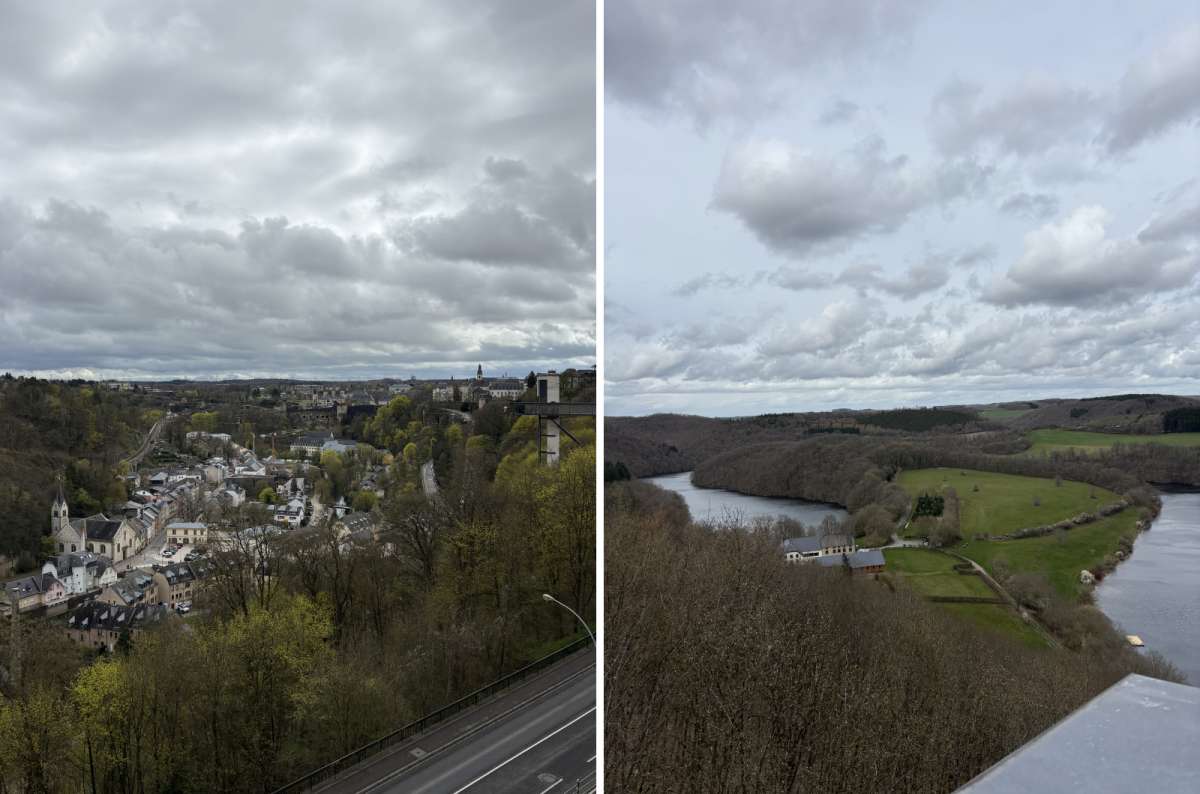 a collage of a village in a river valley with old buildings, and the Lac de la Haute-Sûre reservoir sweeping through hills viewed above, Luxembourg, photo by Next Level of Travel