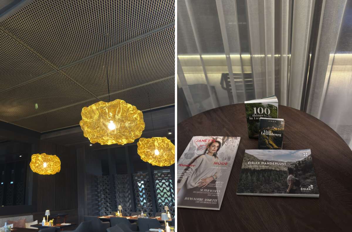a collage of an hotel restaurant with golden pendant lights hanging from theceiling, and a wooden table with Luxembourg travel guides, Luxembourg, photo by Next Level of Travel