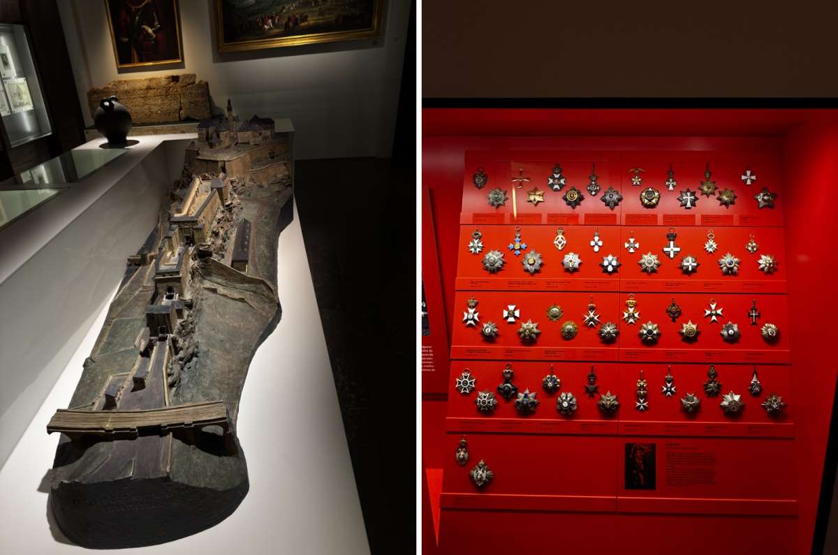 a collage of exhibits at the Letzebuerg City Museum, showing a model of the historic Luxembourg fortress and a medals on a red background, Luxembourg, photo by Next Level of Travel