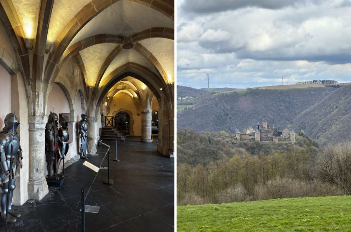 a collage of Gothic vaulted halls displaying medieval armor inside Vianden Castle, and a distant view of the Castle on, Luxembourg, photo by Next Level of Travel