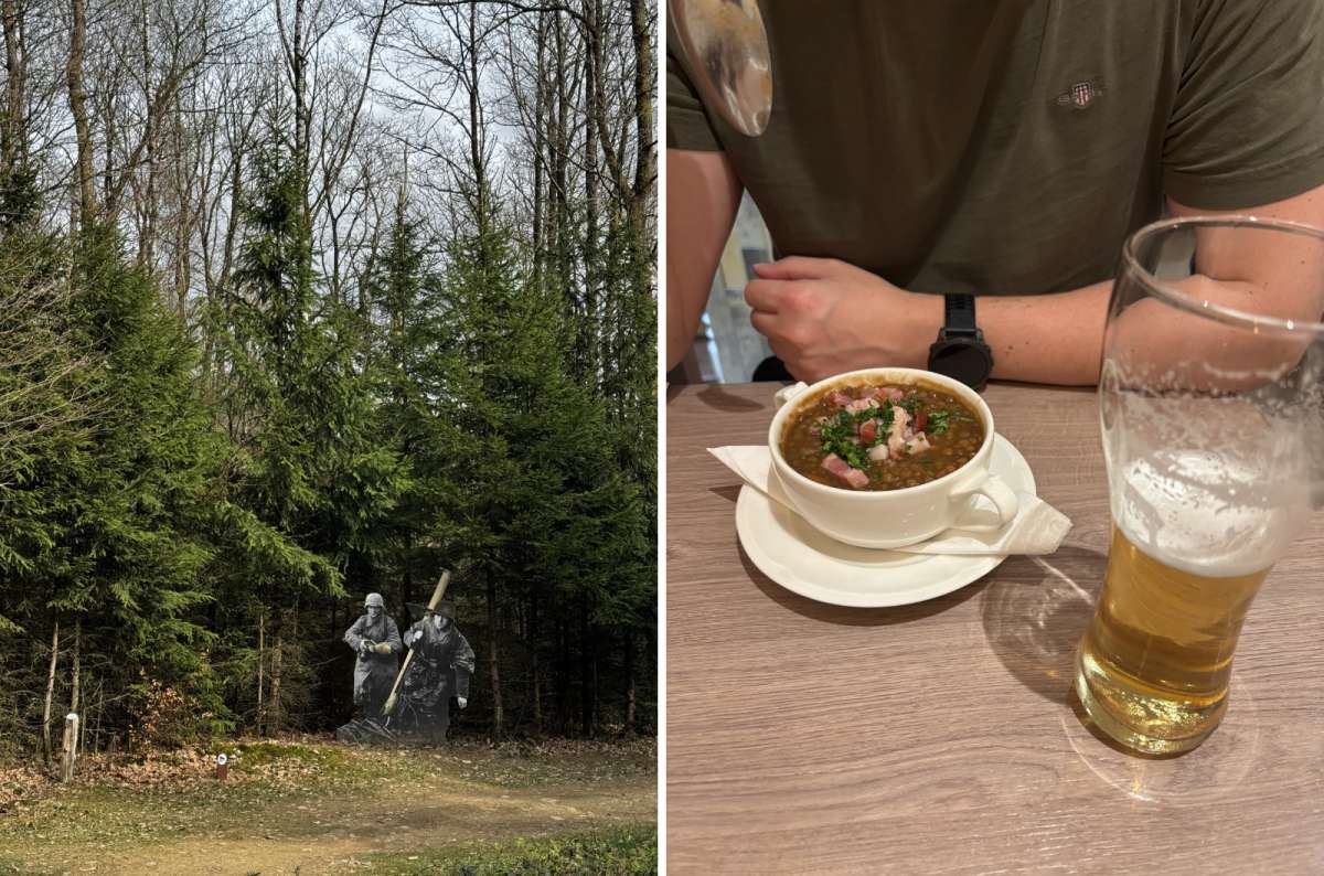 a collage of installations of WWII soldiers in the forest at the Schumannseck Trail on the left, and a bowl of soup with a beer on the right, Luxembourg, photo by Next Level of Travel