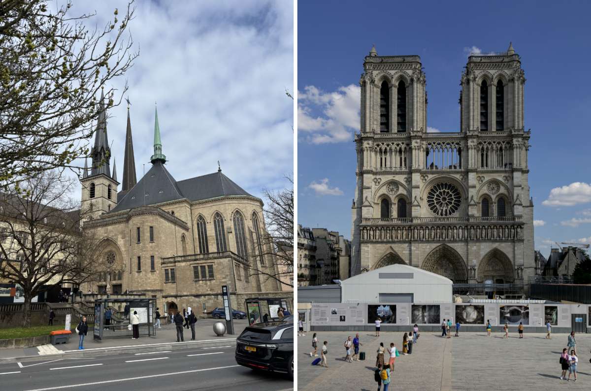 a collage of Notre-Dame de Luxembourg with its spires and stone exterior, and Notre-Dame de Paris with its towers and rose window, Luxembourg, photo by Next Level of Travel