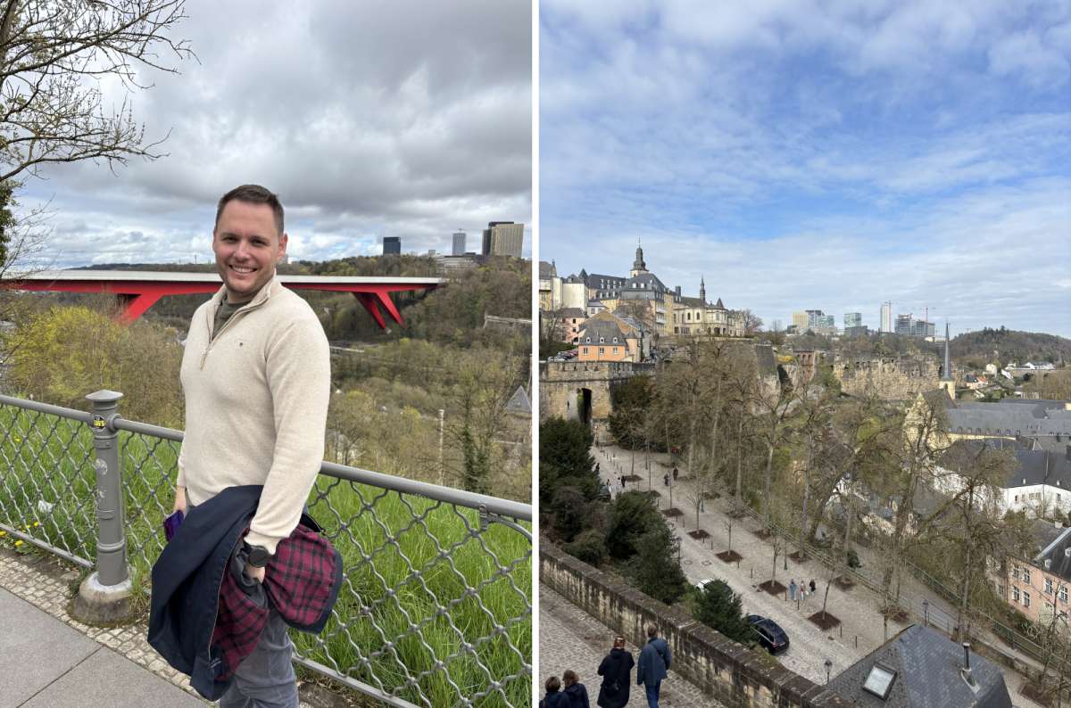 a collage of photos of a tourist posing in Luxembourg City with a red bridge in the background and a photo of the Chemin de la Corniche, Luxembourg, photo by Next Level of Travel