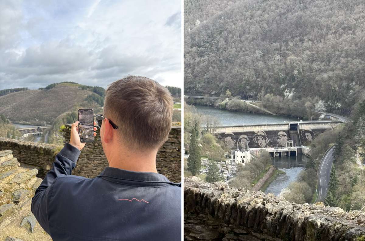 a collage of photos of a tourist taking a photo from the Vianden castle and a photo of the view itself, Luxembourg, photo by Next Level of Travel