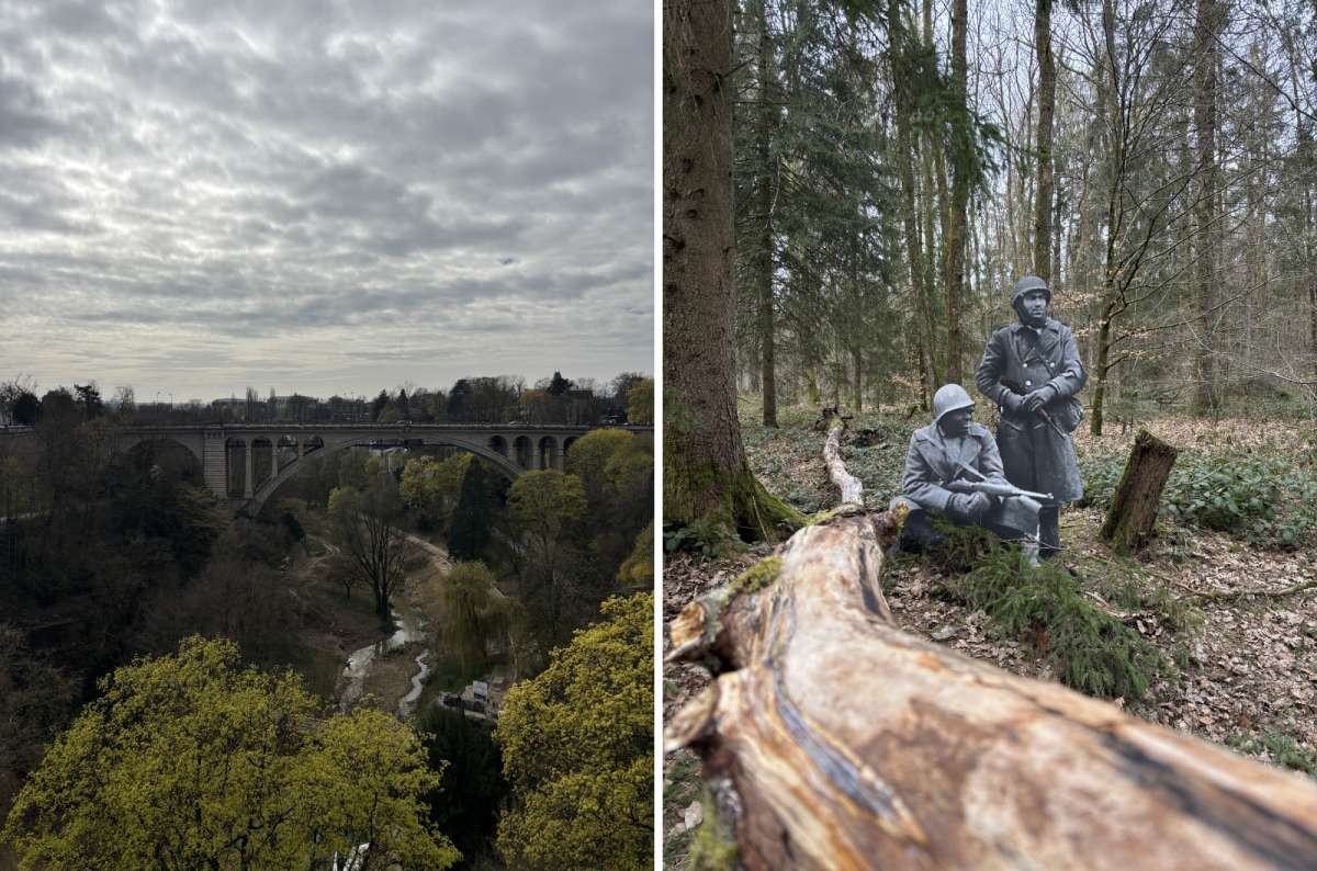 a collage of Pont Adolphe over the Pétrusse valley, and WWII soldier cutouts positioned in a forest clearing at the Schumannseck trail, Luxembourg, photo by Next Level of Travel
