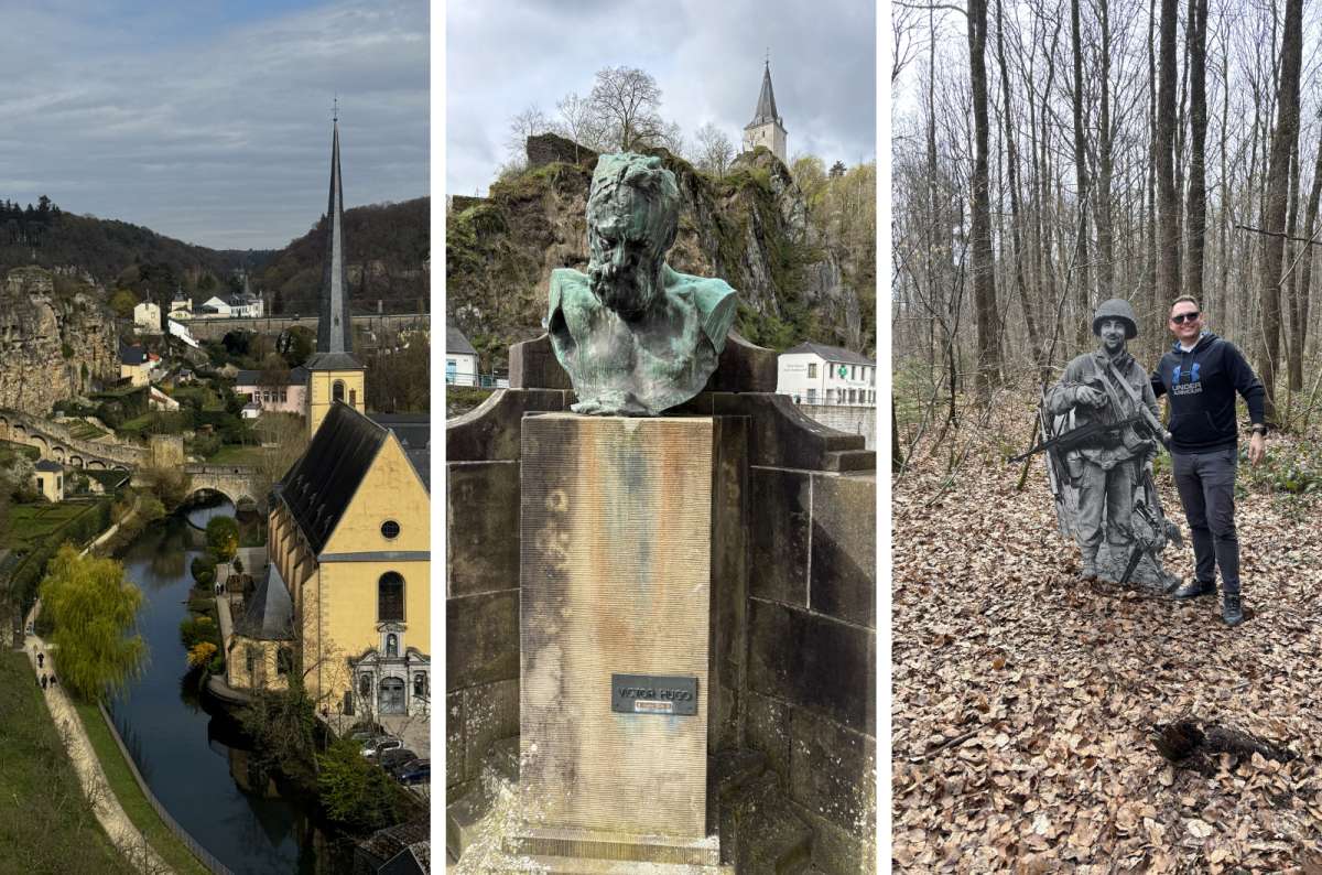 a collage of the Alzette River, the Victor Hugo bust with Vianden castle behind it, and a tourist posing next to a WWII soldier at the Schumannseck Trail, Luxembourg, photo by Next Level of Travel