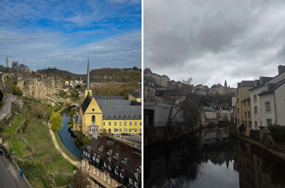 a collage of the Alzette valley with Neumunster on a sunny day, and the Grund quarter with stone buildings underr grey skies, Luxembourg, photo by Next Level of Travel