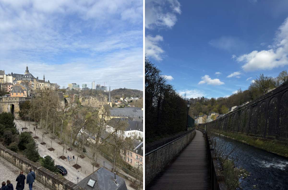 a collage of the Corniche with Luxembourg City's old town skyline above, and a boardwalk path along the Alzette river below, Luxembourg, photo by Next Level of Travel