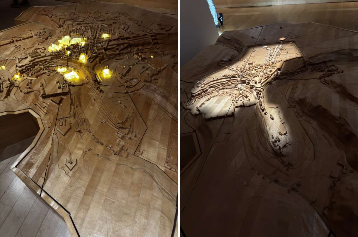 a collage of the giant wooden scale model of Luxembourg City and its fortifications on the floor of the Letzebuerg City Museum, Luxembourg, photo by Next Level of Travel