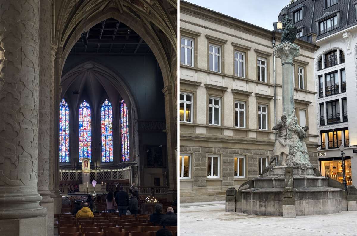 a collage of the interior of Notre-Dame stained glass windows, and an ornate column monument on a street in the right, Luxembourg, photo by Next Level of Travel