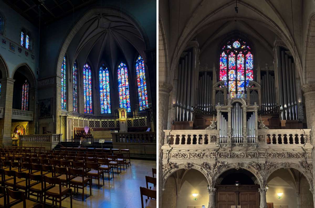 a collage of the nave with stained glass windows and wooden pews, and the pipe organ with carved stone gallery, Notre-Dame, Luxembourg, photo by Next Level of Travel