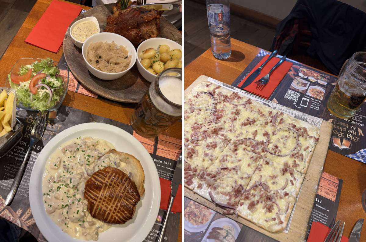 a collage of traditional-style food at a restaurant, showing a schnitzel and a roast knuckle, and a flammkuchen, Luxembourg, photo by Next Level of Travel