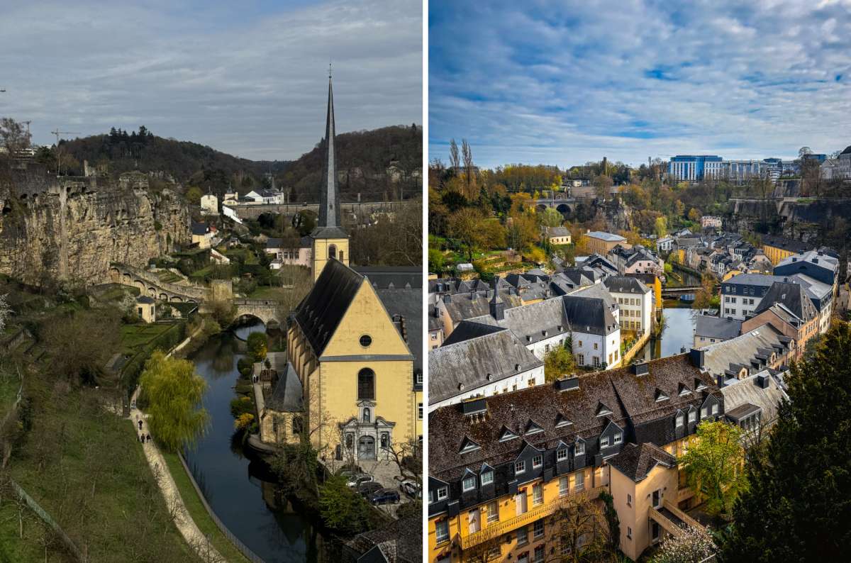 a collage of views of the Grund and Alzette River, showing the church and cliff face on the left, and the colourful rooftops of the modern city behind, photo by Next Level of Travel