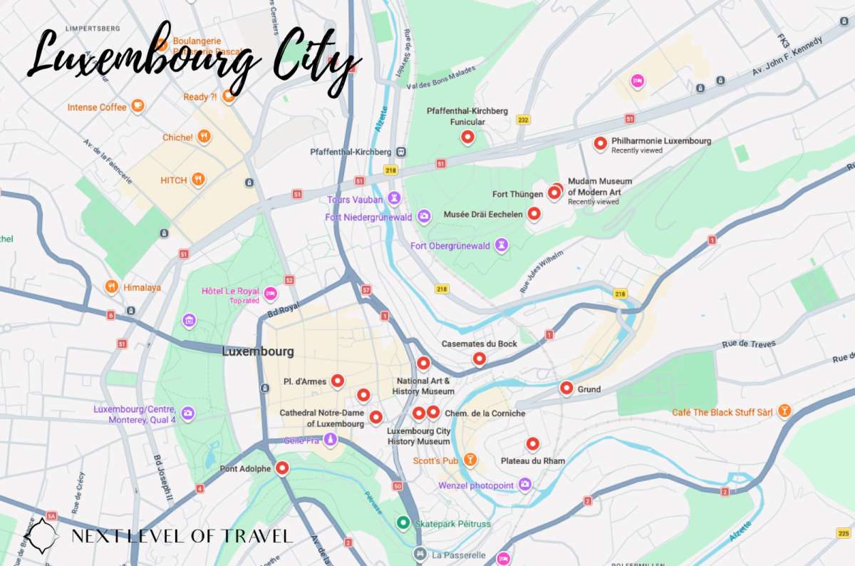 a map of Luxembourg City's key attractions including the Chemin de la Corniche, Notre-Dame, Place d'Armes, and Musée Dräi Eechelen, graphic by Next Level of Travel