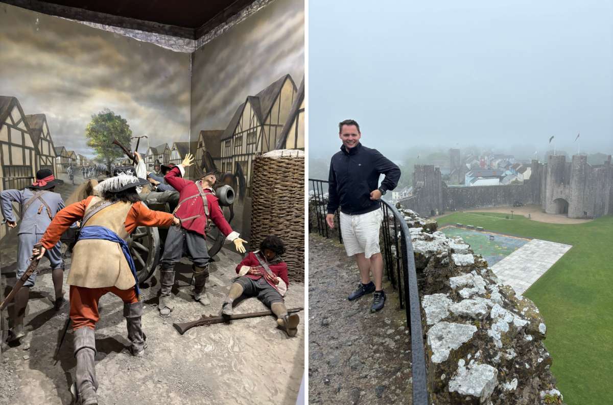 a collage of a Civil War siege exhibit on the left and a tourist on the misty walls of Pembroke Castle on the right, Pembroke, Wales, photo by Next Level of Travel