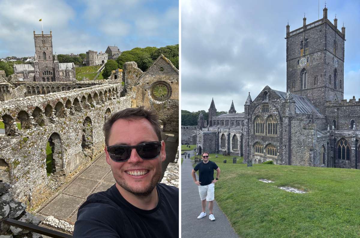a collage of a tourist above the ruins of St Davids Bishop's Palace on the left and standing before St Davids Cathedral on the right, St Davids, Wales, photo by Next Level of Travel