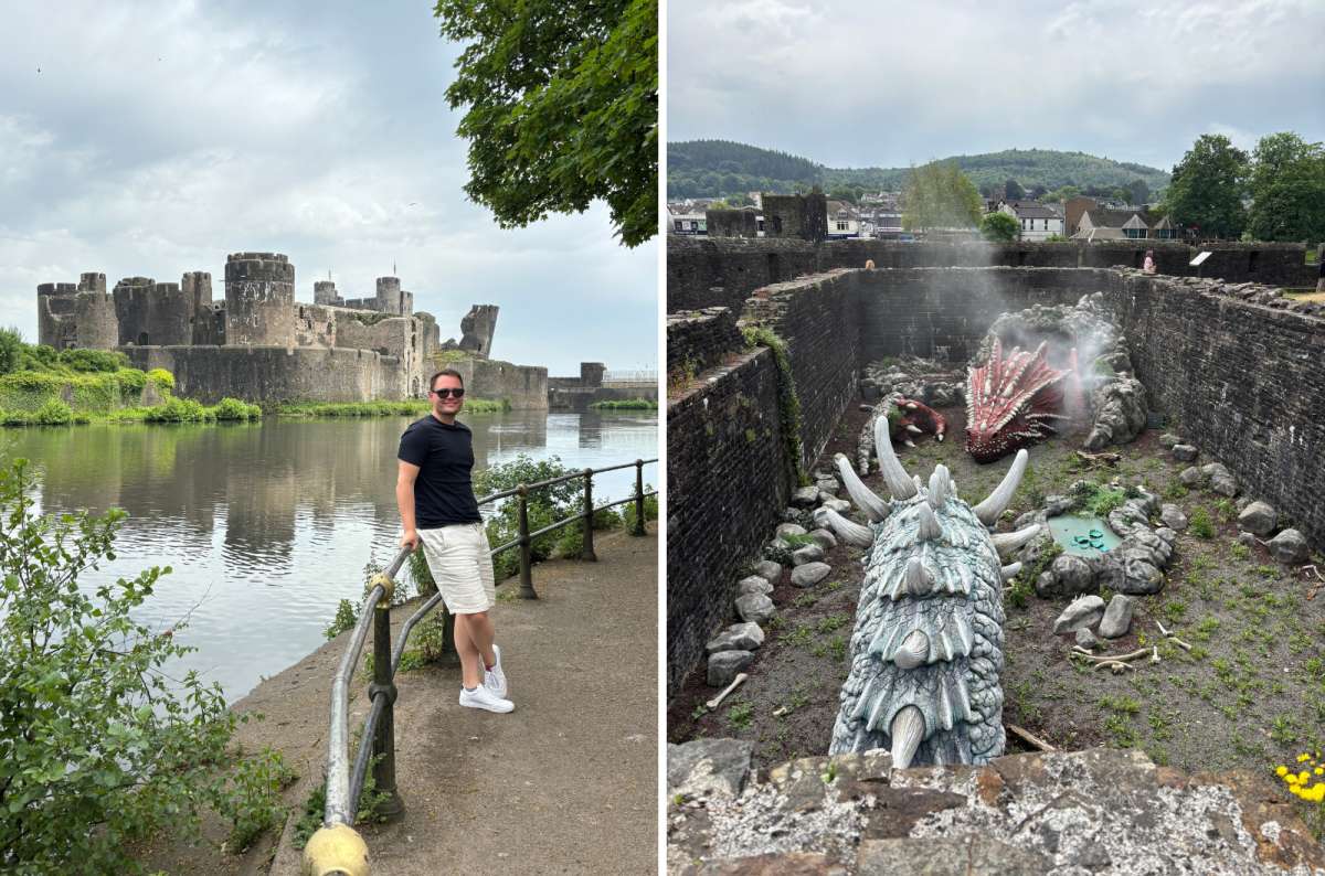 a collage of a tourist across the moat from Caerphilly Castle on the left and the castle's dragon sculpture in the grounds on the right, Caerphilly, Wales, photo by Next Level of Travel