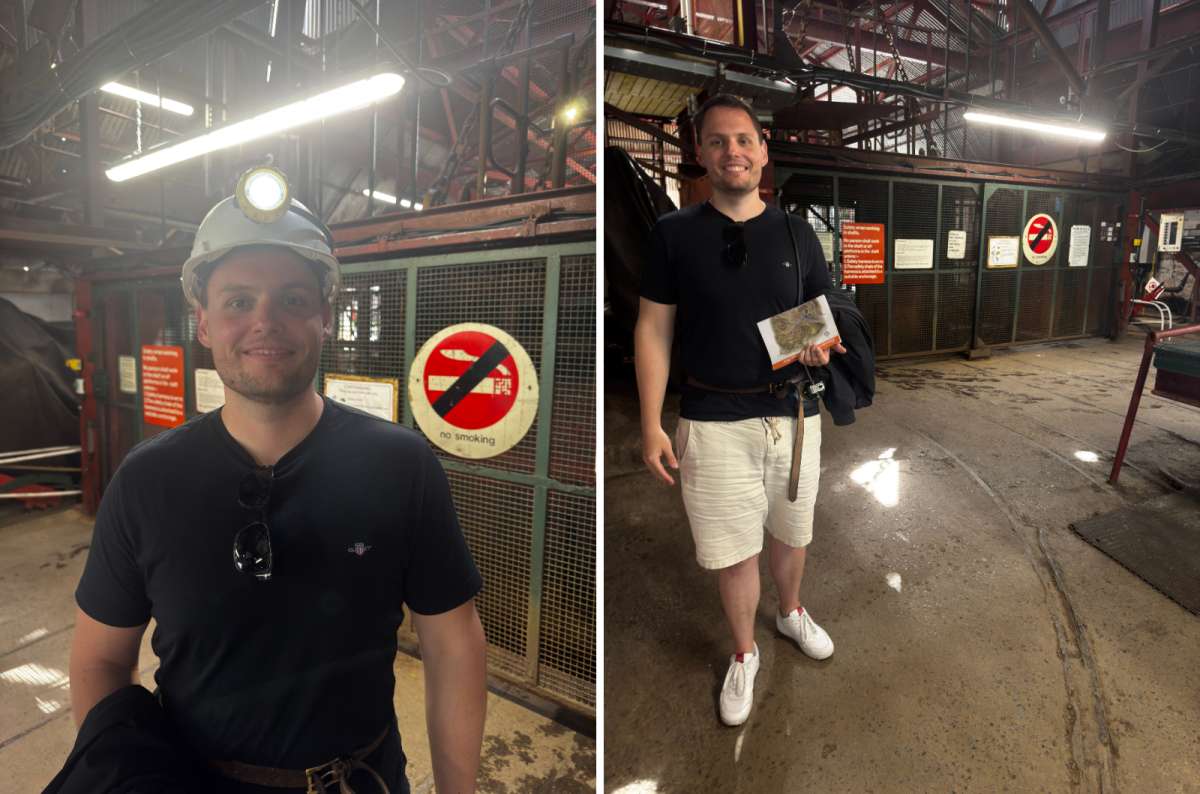 a collage of a tourist wearing a miner's helmet on the left and standing among the colliery buildings on the right at Big Pit, Blaenavon, Wales, photo by Next Level of Travel