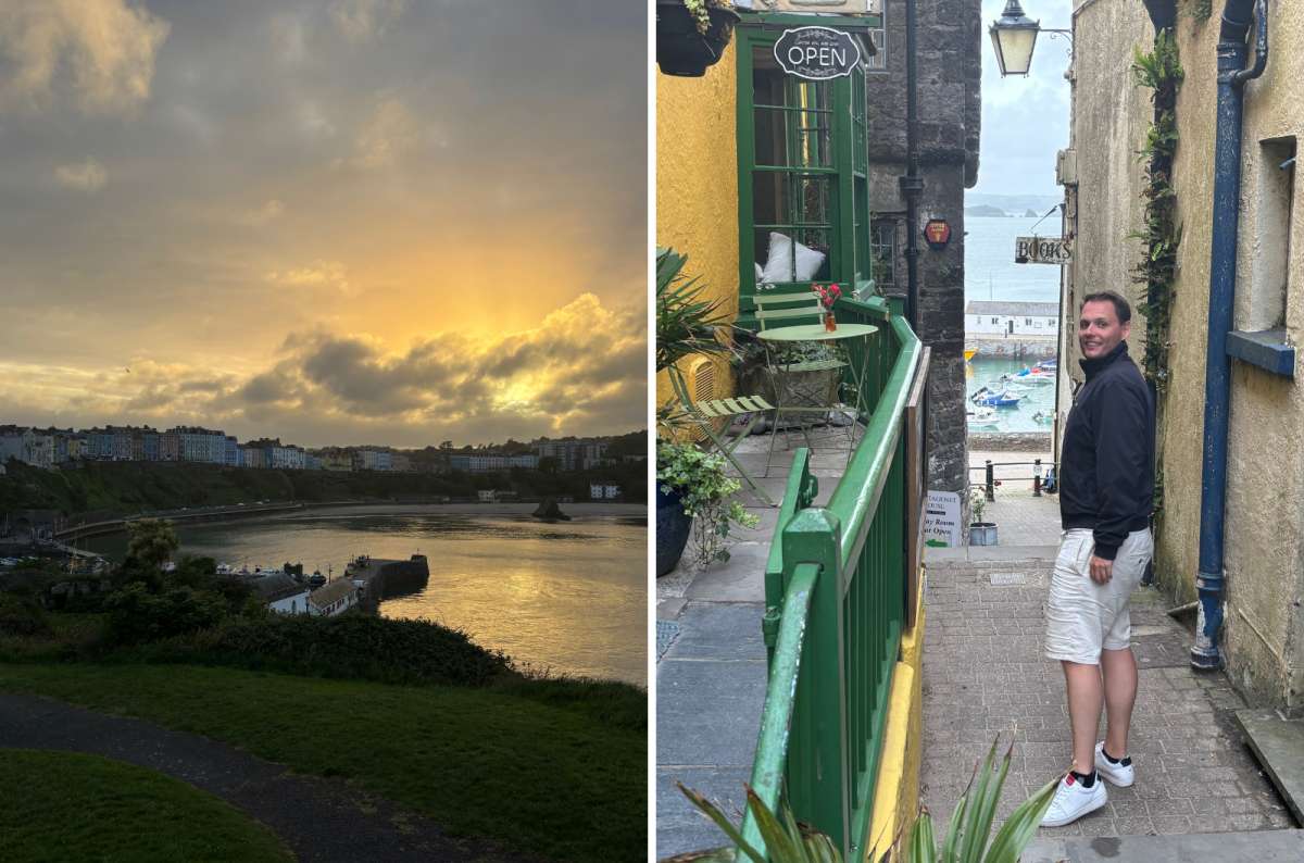 a collage of photos from Tenby, one of the cities near Pembrookshire Coast, one showing a sunset and the other a tourist wandering the colorful streets, Wales, photo by Next Level of Travel