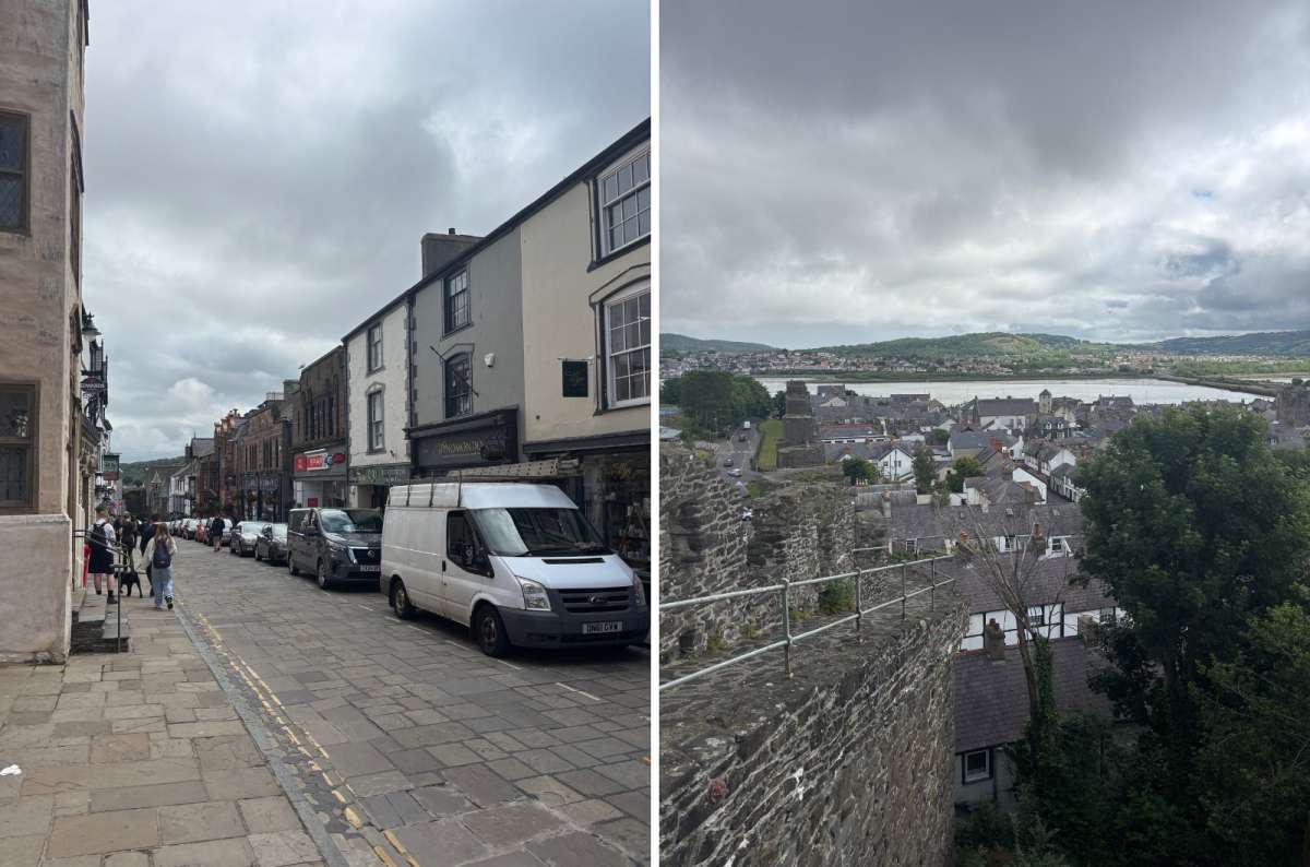 a collage of the Conwy High Street on the left and the town rooftops and estuary seen from the medieval walls on the right, Conwy, Wales, photo by Next Level of Travel