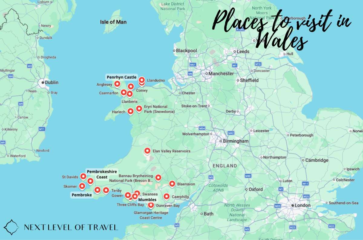 a map of Wales showing all the best places to visit that are mentioned in the article, Wales, photo by Next Level of Travel