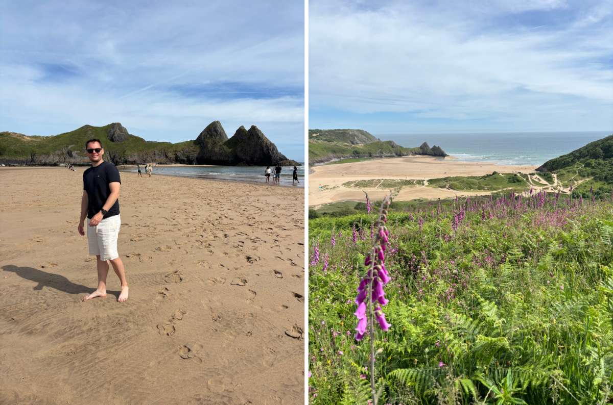 a torusit posing on the sandy beach of Three Cliffs bay and another shot of a beautiful flower with the Three Cliffs Bay visible in the background, Wales, photo by Next Level of Travel