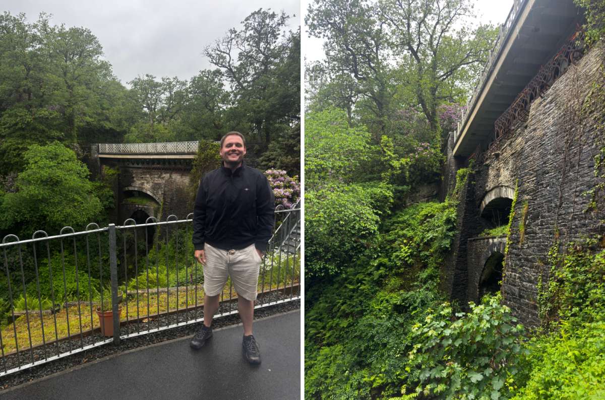a collage of a tourist above the Devil's Bridge gorge on the left and the stacked stone bridges on the right, Devil's Bridge, Wales, photo by Next Level of Travel