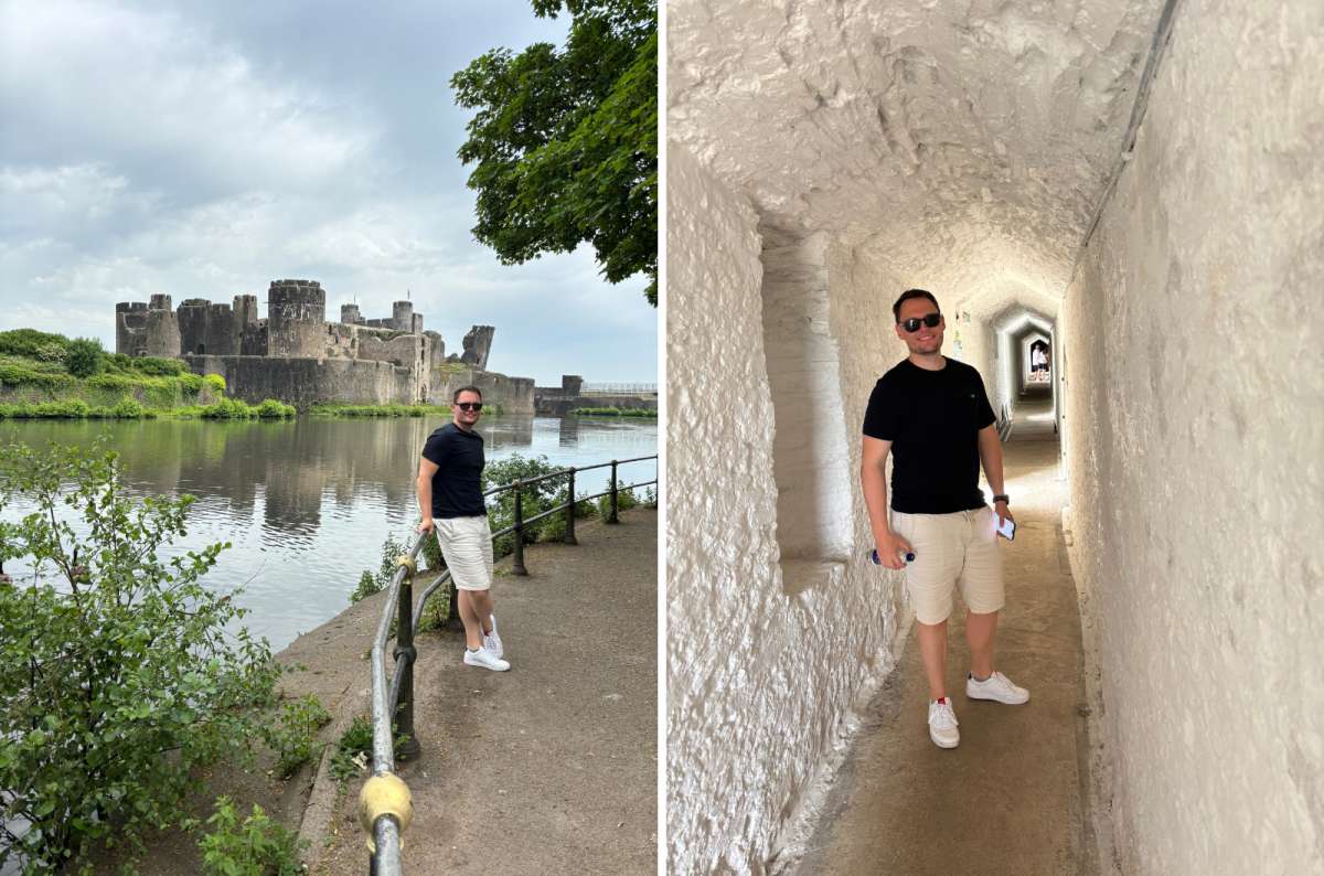 a collage of a tourist across the moat from Caerphilly Castle on the left and inside a whitewashed vaulted passage on the right, Caerphilly, Wales, photo by Next Level of Travel