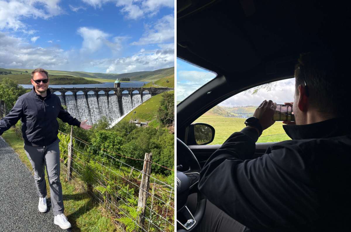 a collage of a tourist by Craig Goch dam on the left and photographing the reservoirs from the car on the right, Elan Valley, Wales, photo by Next Level of Travel