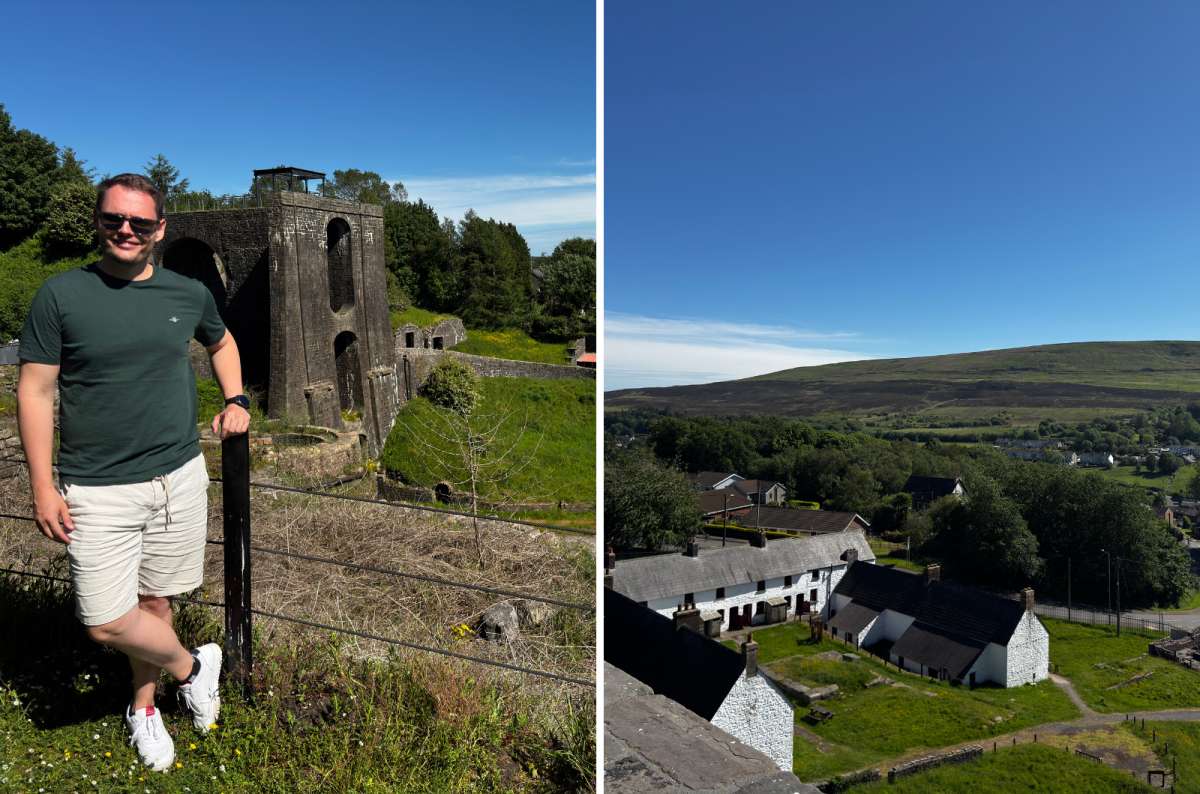 a collage of a tourist by the Blaenavon Ironworks on the left and the town and moorland seen from above on the right, Blaenavon, Wales, photo by Next Level of Travel