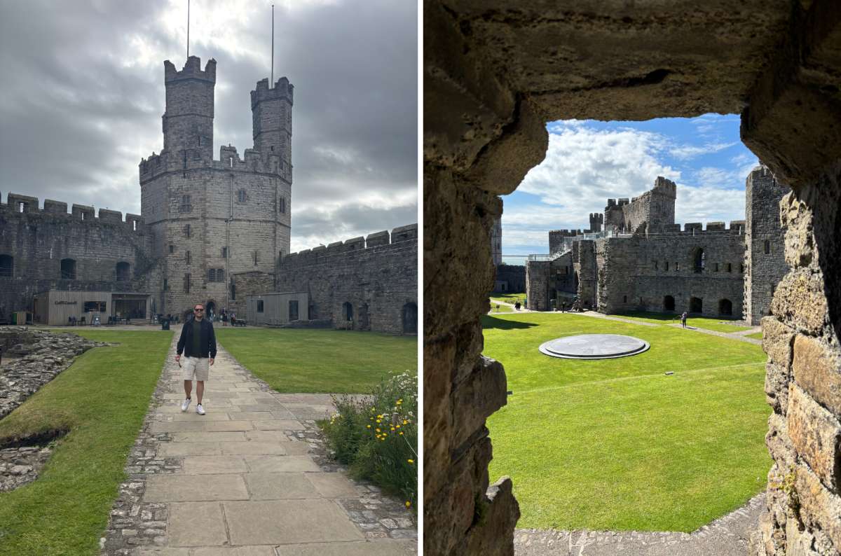 a collage of a tourist by the Eagle Tower of Caernarfon Castle on the left and the inner ward seen through a stone window on the right, Caernarfon, Wales, photo by Next Level of Travel