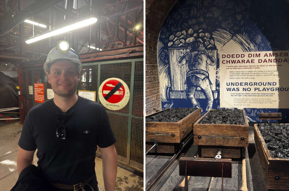 a collage of a tourist in a miner's helmet on the left and the Big Pit museum coal exhibit on the right, Blaenavon, Wales, photo by Next Level of Travel