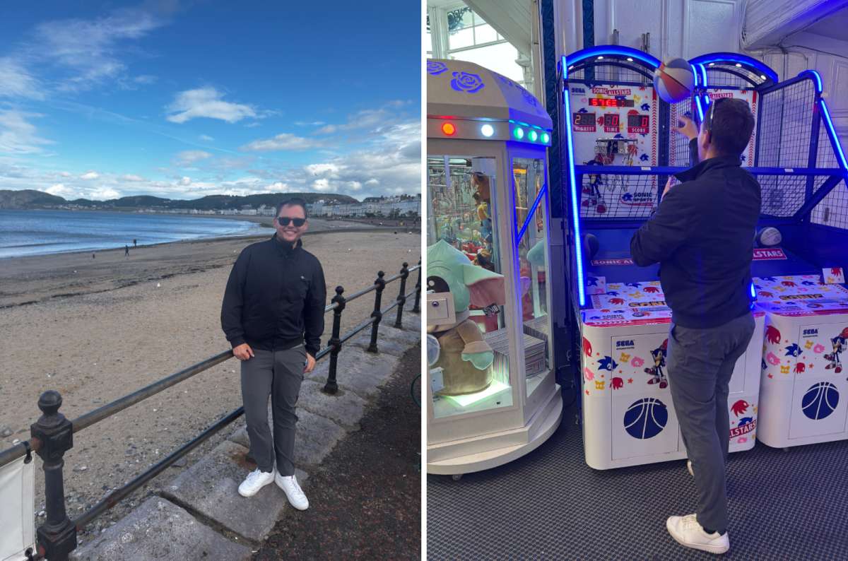 a collage of a tourist on the Llandudno promenade on the left and playing an arcade game on the pier on the right, Llandudno, Wales, photo by Next Level of Travel