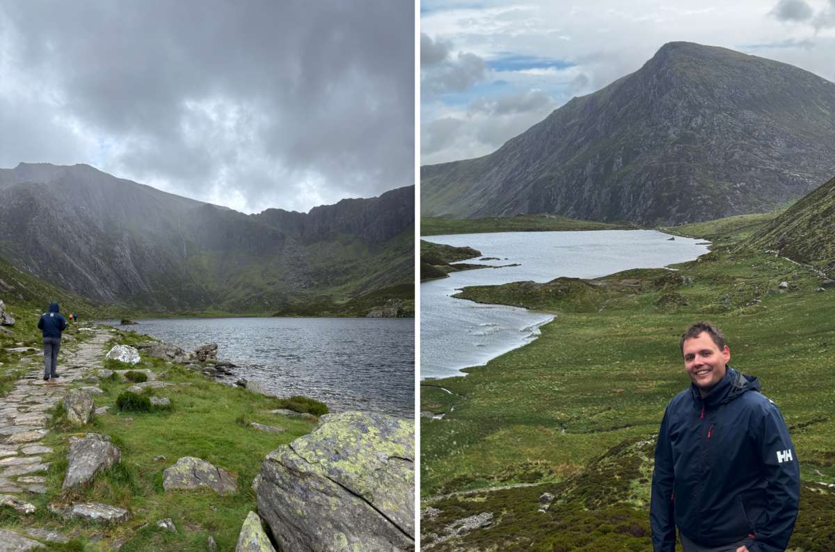 a collage of a tourist walking the Cwm Idwal path toward the cliffs on the left and beside Llyn Idwal below the peak on the right, Eryri National Park, Wales, photo by Next Level of Travel