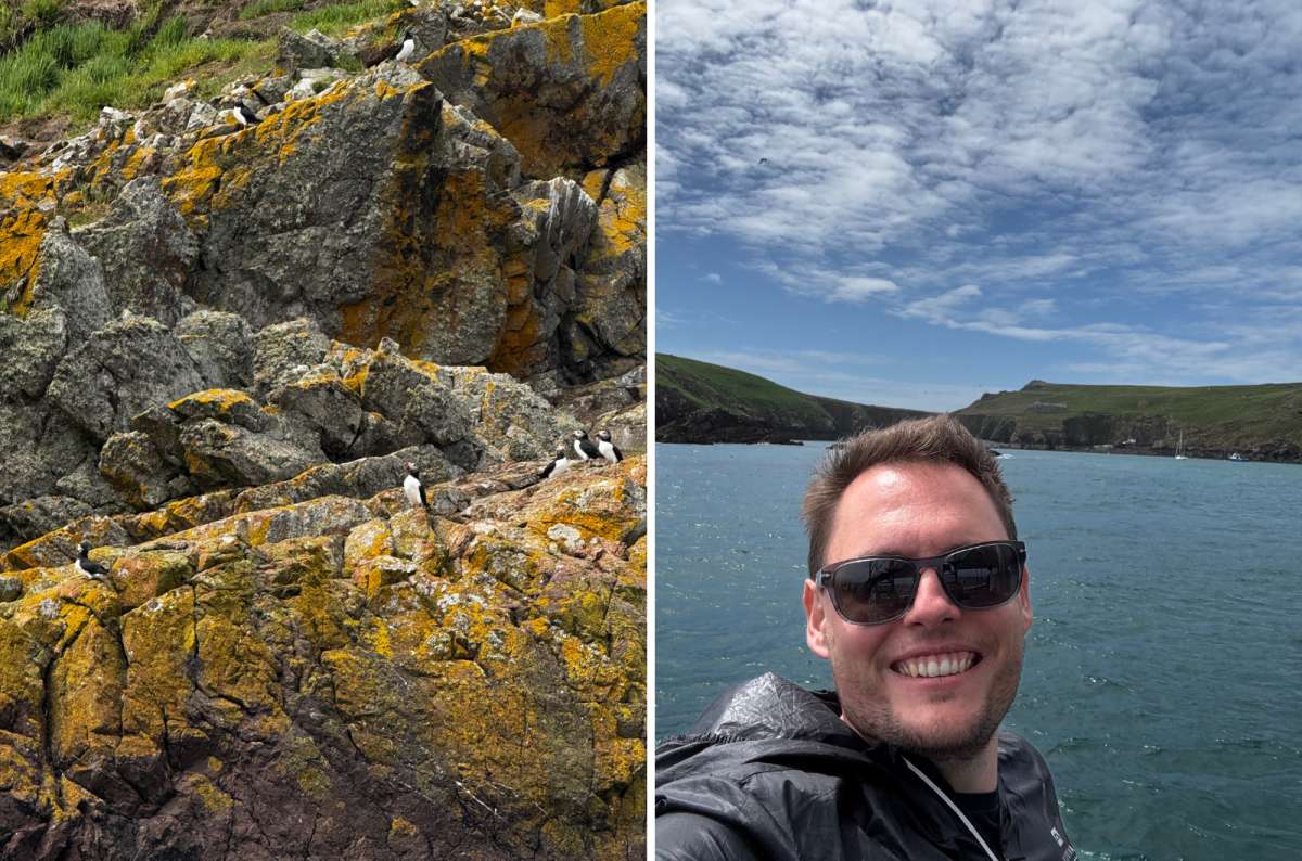 a collage of puffins on lichen-covered cliffs on the left and a tourist on the Skomer Island boat on the right, Skomer Island, Wales, photo by Next Level of Travel