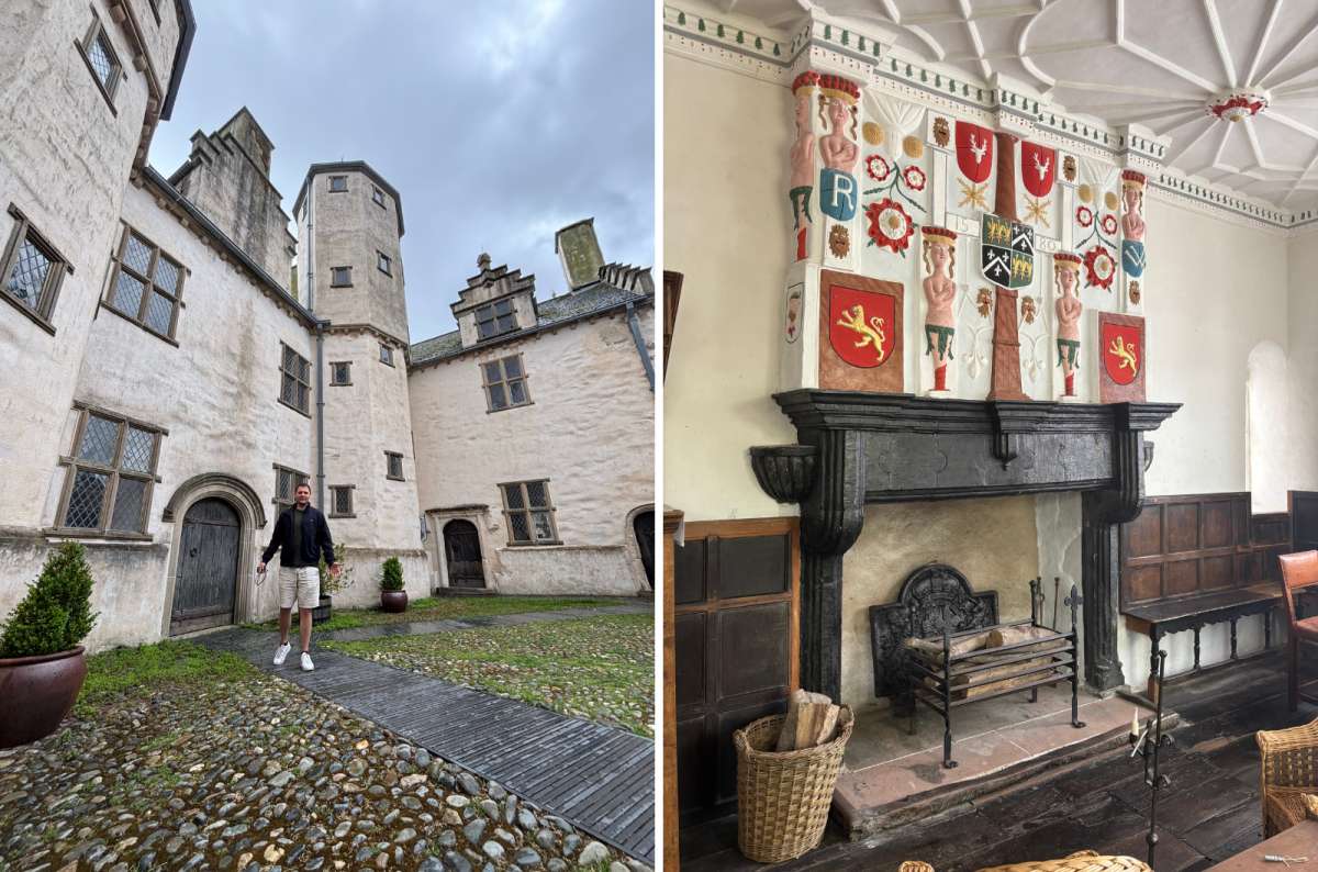 a collage of the courtyard of Plas Mawr on the left and its painted heraldic overmantel on the right, Conwy, Wales, photo by Next Level of Travel