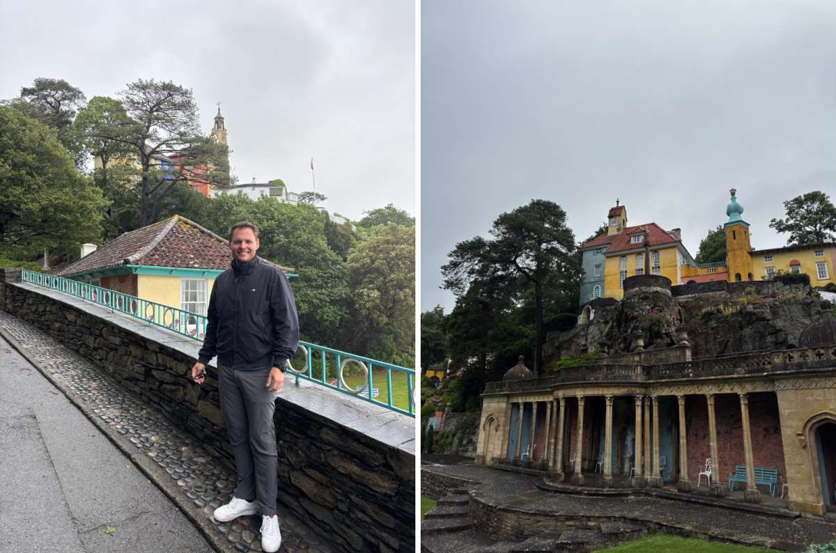a diptych photo of a tourist on a terrace at Portmeirion on the left and the Italianate village buildings on the right, Portmeirion, Wales, photo by Next Level of Travel