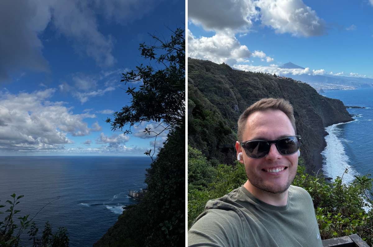 A collage of a tourist posing in front of the beautiful views of the Mirador 500 Escalones stairs in Tenerife, a photo by Next Level of Travel