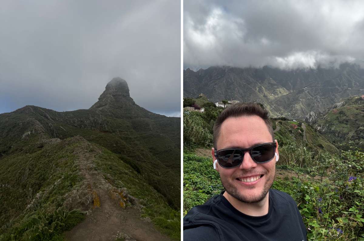 A collage of photos showing a tourist on a hike to Roque de Taborno, Tenerife, and the dominant itself, a photo by Next Level of Travel